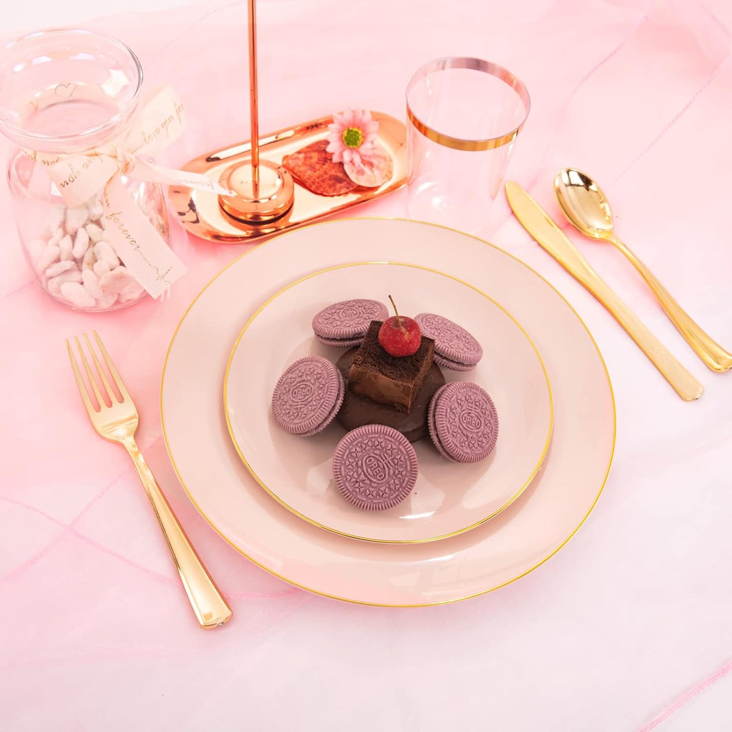 LIYH 180 Pcs Pink Plastic Plates - Disposable Dinnerware Set, Pink Dinner Plate Dessert Plate,Gold Plastic Silverware Cups for Weddings,Birthday Party 30 Guests