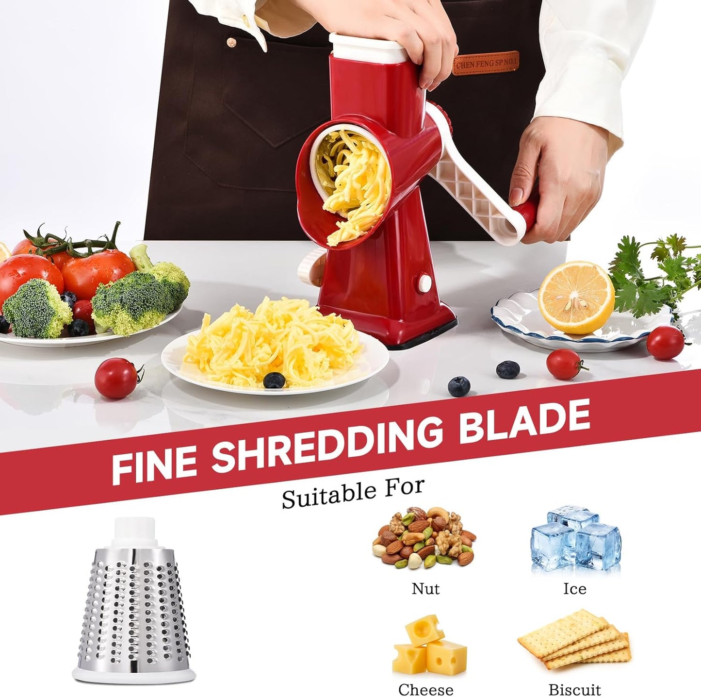Rotary Cheese Grater with Handle Kitchen Shredder Slicer Grater Slicer Ice Shaver Cheese Vegetable Nuts Potato Zucchini Chocolate 3 Interchangeable Blades (RedWhite)