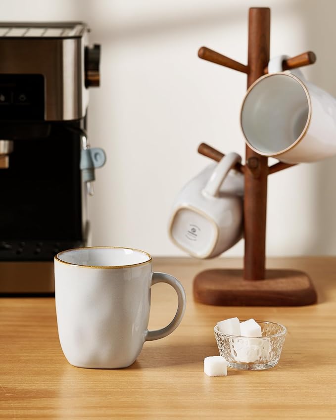 famiware Coffee Mugs Set of 4, Ocean Square 13oz Coffee Cup Set with Handle for Cocoa, Milk, Hot Chocolate, Stoneware Cups for Kitchen, Reactive Glaze, Microwave and Dishwasher Safe, Cappuccino White