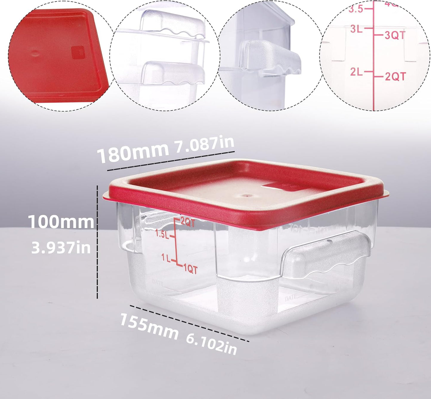 2 Pack RED Square Food Storage Container With Lid,2-12 Quart Commercial Storage Box With Scale & Handle,Cake Making,Dough Marinating Meat,Kitchen Supplies (2 Quart)