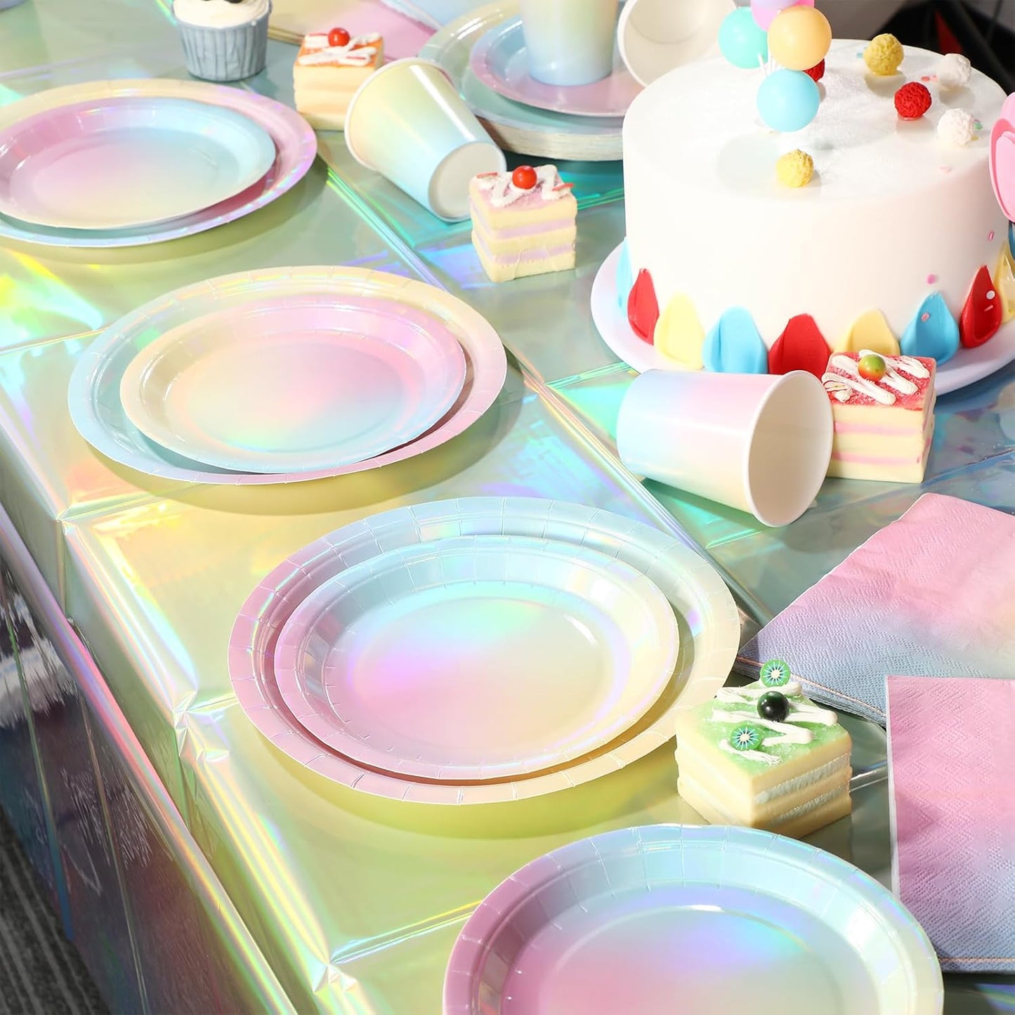 Iridescent Pastel Rainbow Party Decorations - Serve 50, Holographic Pastel Paper Plates and Napkins, Disposable Iridescent Rainbow Plates, Cups, Napkins for Girls Birthday, Wedding, Baby Shower