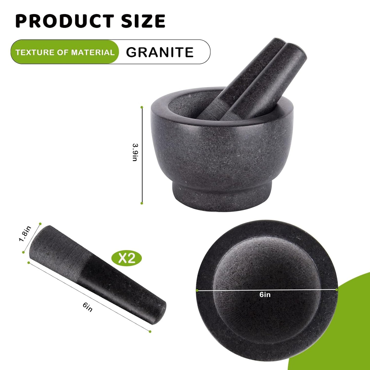 Mortar and Pestle Set,Heavy Duty,Unpolished Granite,6Inch-2Cup Capacity,Grinder for Spices and Seeds,Grinding,Crushing and Mashing Spices,Nuts,for Guacamole,Garlic Sauce,Black..