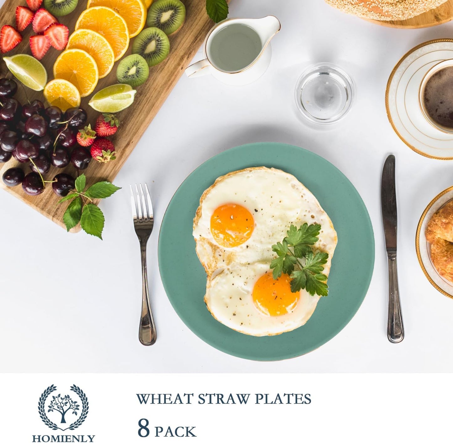 Homienly Flat Dinner Plates Set of 8 Alternative for Plastic Plates Microwave and Dishwasher Safe Wheat Straw Plates for Kitchen Unbreakable Kids Plates(Green, 10 inch), MS 01