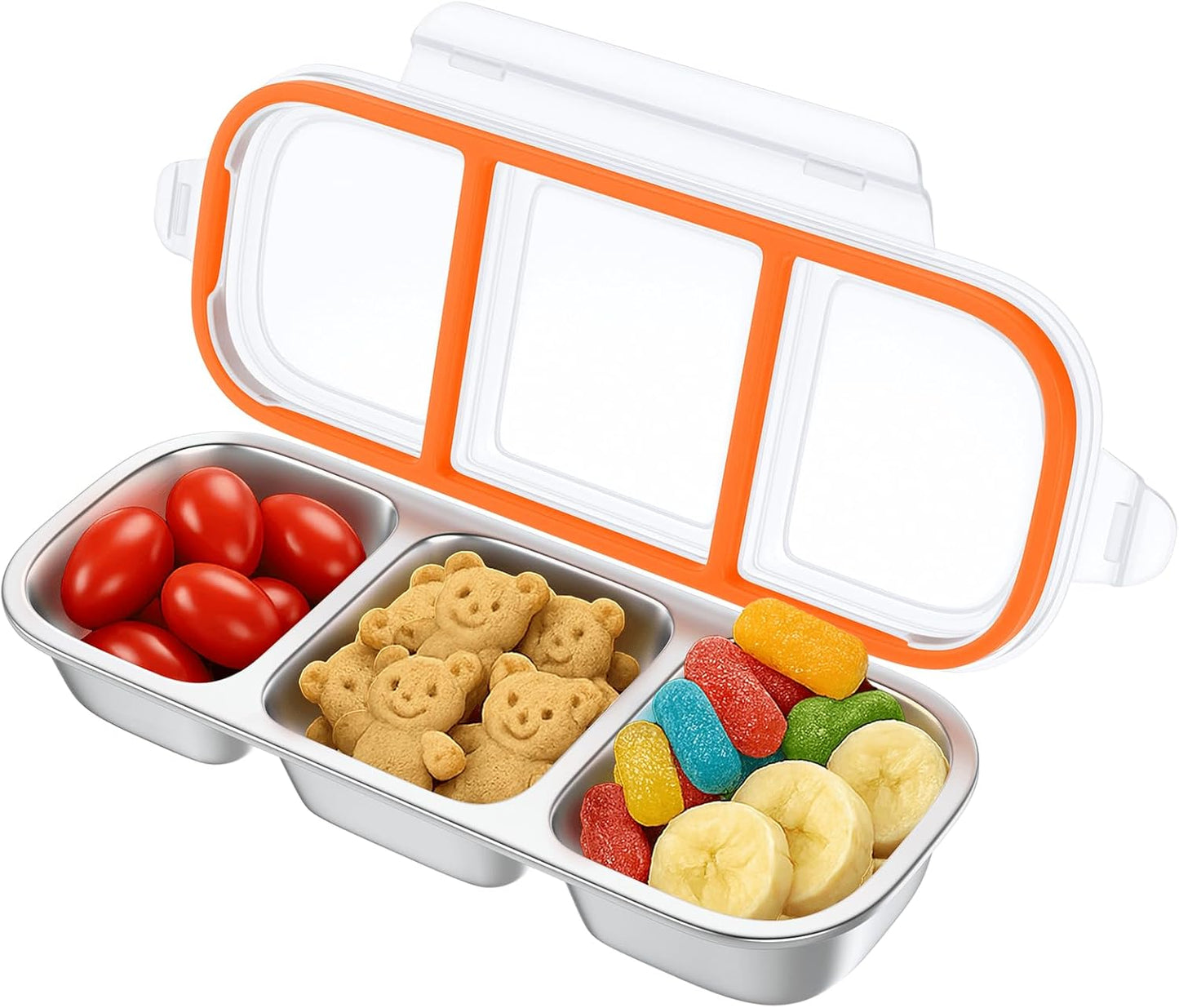 Stainless Steel Snackle Box Container - 3 Compartment Reusable Snack Containers with Lids for Kids, Leak-Resistant Divided Snack Food Storage Containers for School, Office, Travel (Clear)