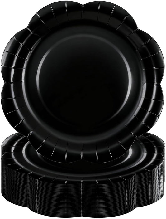 50 Pack Black Paper Plates 7 Inch, Disposable Scalloped Plates Cake Dessert Plate for Dinner Baby Shower Wedding Bridal Shower Birthday Party Supplies (Black, 7 inch)