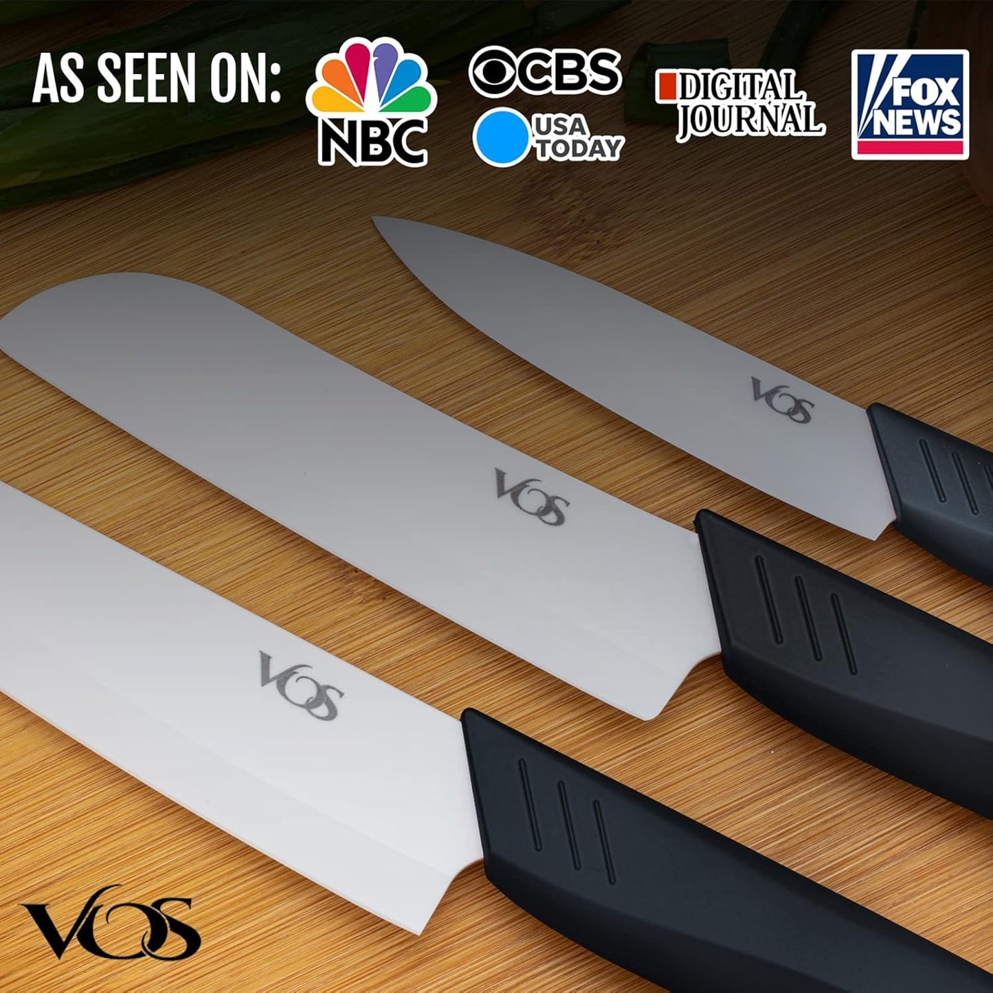 Vos Ceramic Knife Set in Elegant Gift Box, Ceramic Knives Set For Kitchen, Ultra Sharp Kitchen Knife Set with Covers, 4" 5" 6" Paring, Santoku & Chef Knife, Lightweight, Dishwasher safe (Black Handle)
