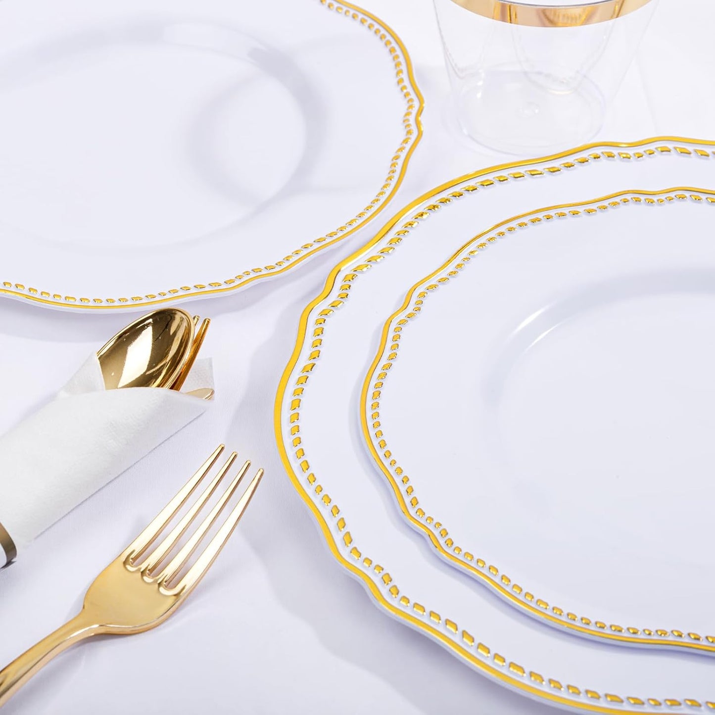 Hioasis 175pcs White and Gold Plastic Plates - Gold Plastic Dinnerware Set Includes 25 Dinner Plates, 25 Dessert Dinnerware, 25 Cups, 25 Rolled Napkin Cutlery Perfect for Thanksgiving & Party