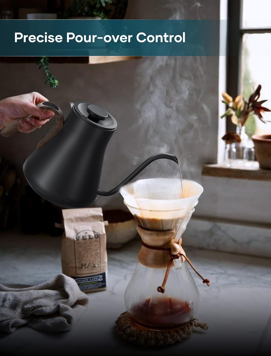 Gooseneck Electric Kettle with ±1℉ Temperature Control for Pour Over Coffee & Tea, Quick Heating, BPA-Free Stainless Steel, Built-in Brew Timer, 1500W/0.9L (Onyx Black)