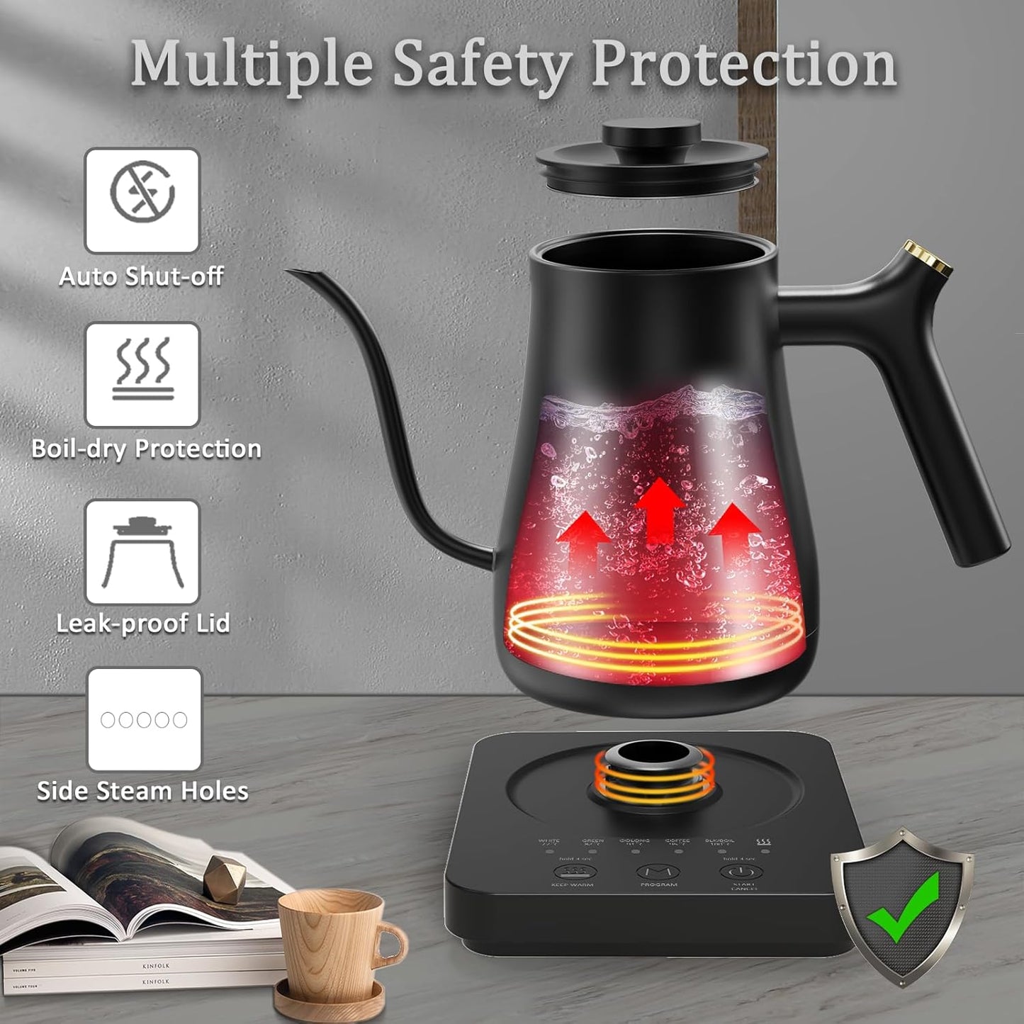 Gooseneck Electric Kettle,Ulcreigo Tea Kettle for Boiling Water, Temperature Control with 5 Variable Presets,Hot Water Boiler Heater for Pour Over Coffee, Keep Warm 2 Hours,304 Stainless Steel(Black)