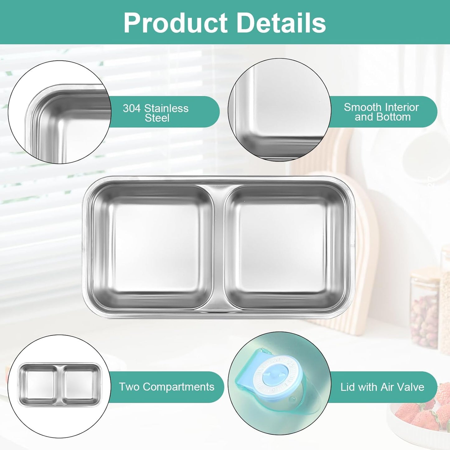 Stainless Steel Snack Containers, 2 Pack Double Compartment Food Storage Containers with Lids, Containers Reusable Stainless Steel Divided Meal for Travel Outdoor Camping