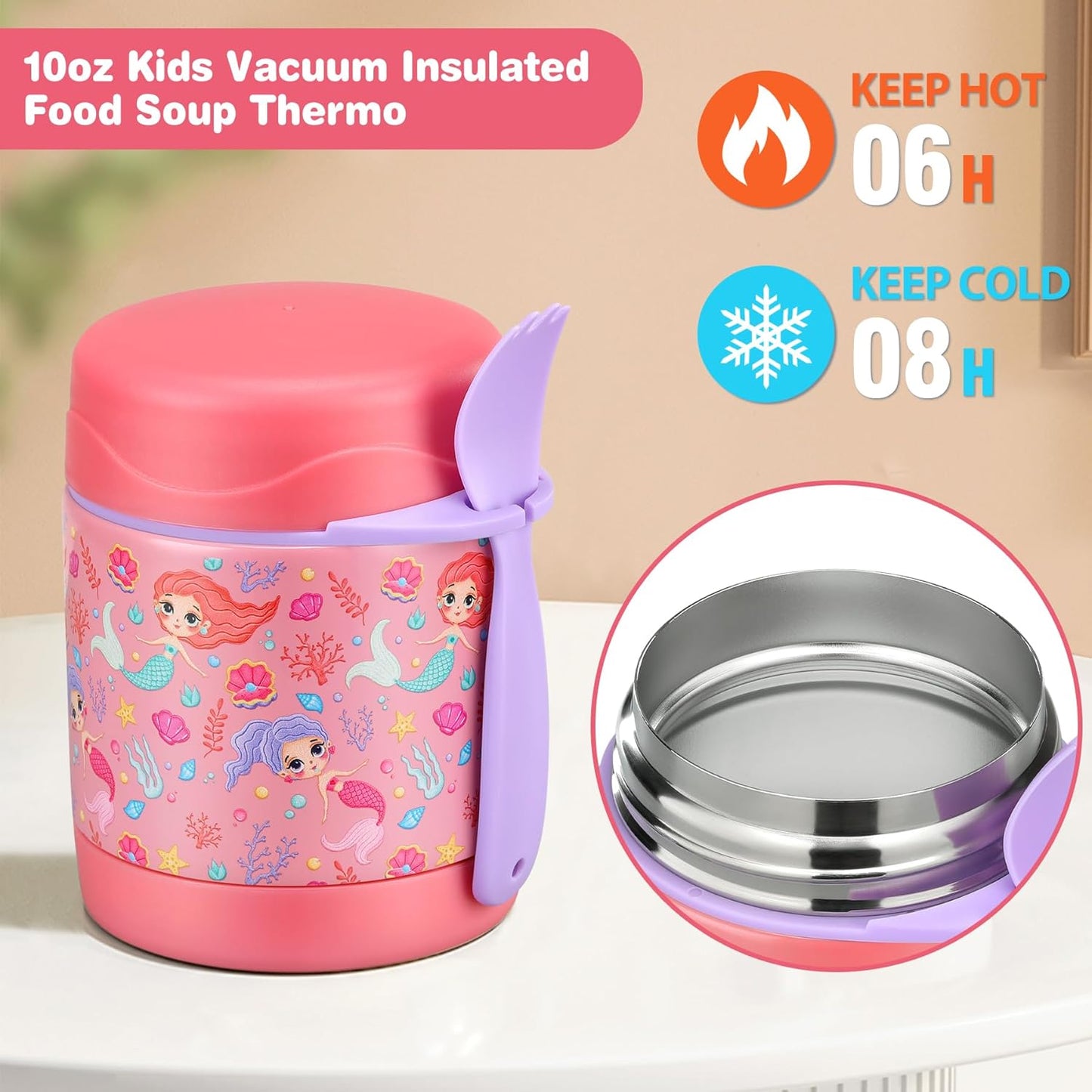10oz Soup Thermo for Hot Food Kids Insulated Food Jar,Thermo Hot Food Lunch Container, Width Mouth Stainless Steel Lunch Box for Kids with Spoon (Pink-mermaid)