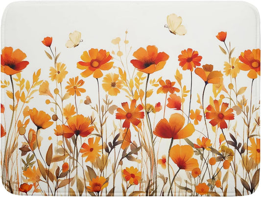 Fall Floral Dish Drying Mat for Kitchen Counter Autumn Orange Wildflowers Reversible Microfiber Absorbent Drying Pad Mats for Countertops Sinks Draining Racks,Harvest Thanksgiving Decor,18 X 24 Inches