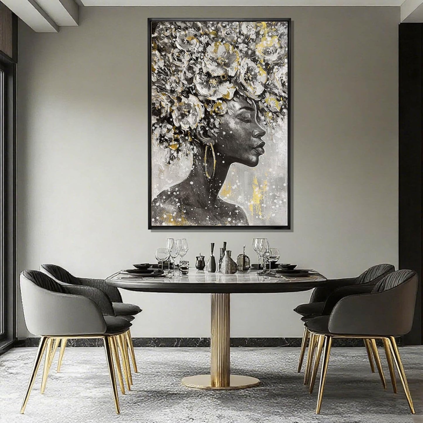 MLART99 Elegant African American Wall Art with Floral Canvas Black Artwork Gold and Black Girl Wall Decor -40x60 Inch Contemporary Print for Living Room Entryway
