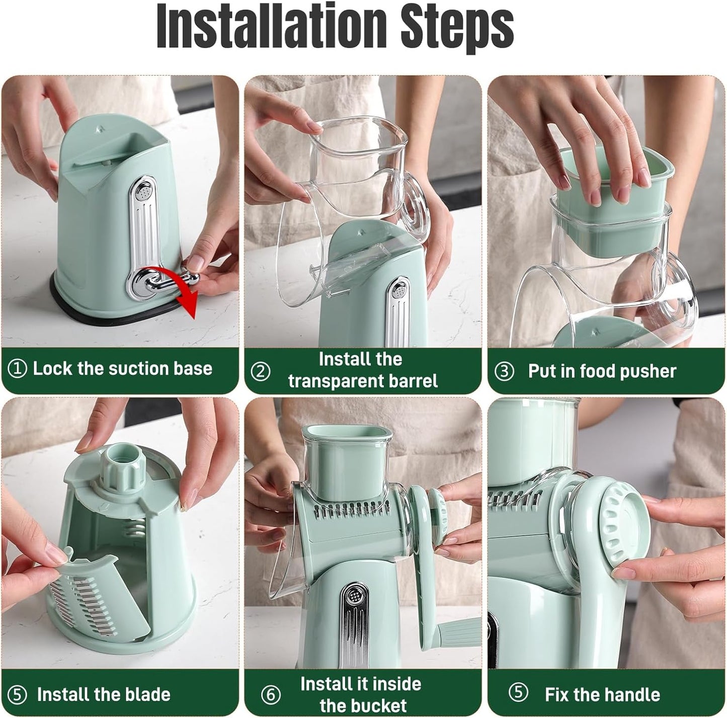 Rotary Cheese Grater with Handle, Manual Vegetable Slicer Grater with 5 Detachable Stainless Steel Blades, Round Grater Slicer Hand Crank Food Chopper for Kitchen with Blade Storage Box