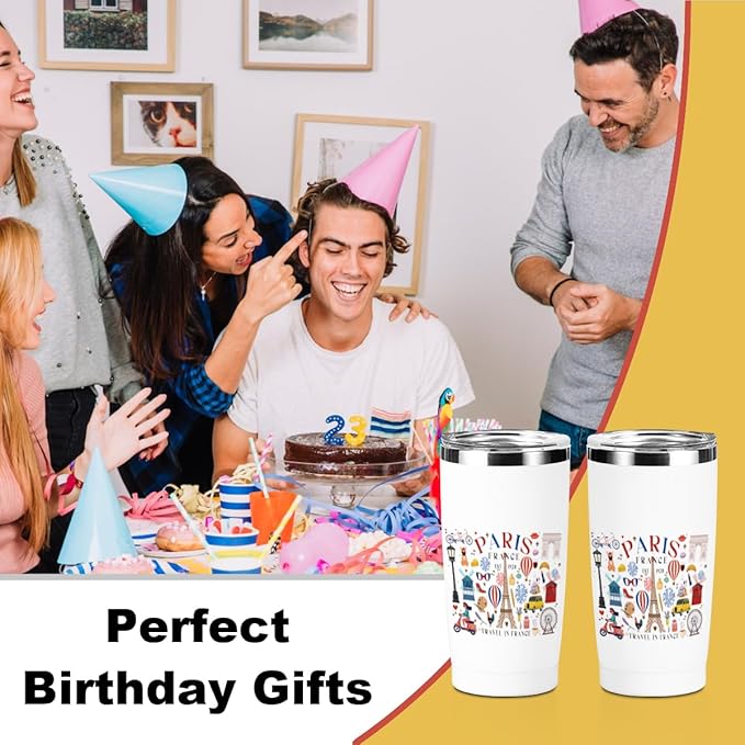 Paris Travel Gifts for Women Tumbler, 20 oz Stainless Steel Coffee Mug，Insulated Cup with Lid for Car, Travel Essentials Gifts for Women Men Traveler France Paris Lover Friendship Birthday Christmas
