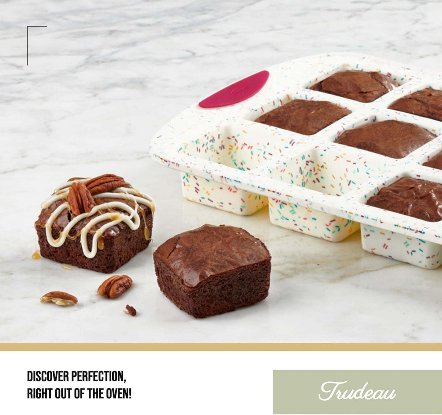 Trudeau Brownie Pan – White Confetti/Fuchsia, 12 Cavity Nonstick Bakeware for Brownies, Mini Cakes, Muffins, Dessert Bars, Easy Release, Dishwasher Safe