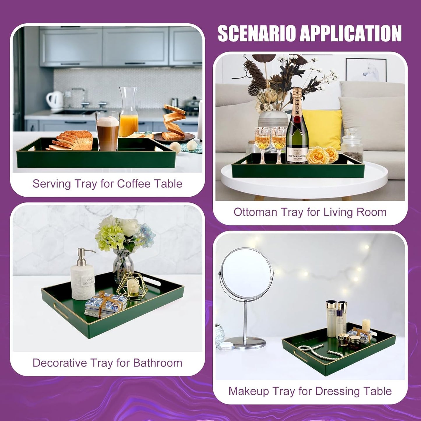 Gifturbo Large Serving Tray with Handles，Green Rectangular Plastic Elegant Decorative Coffee Table Trays for Ottoman, Living Room, Bathroom, Home Decor, Vanity Tray with Gold Trimming, 15.7” x 11.8”