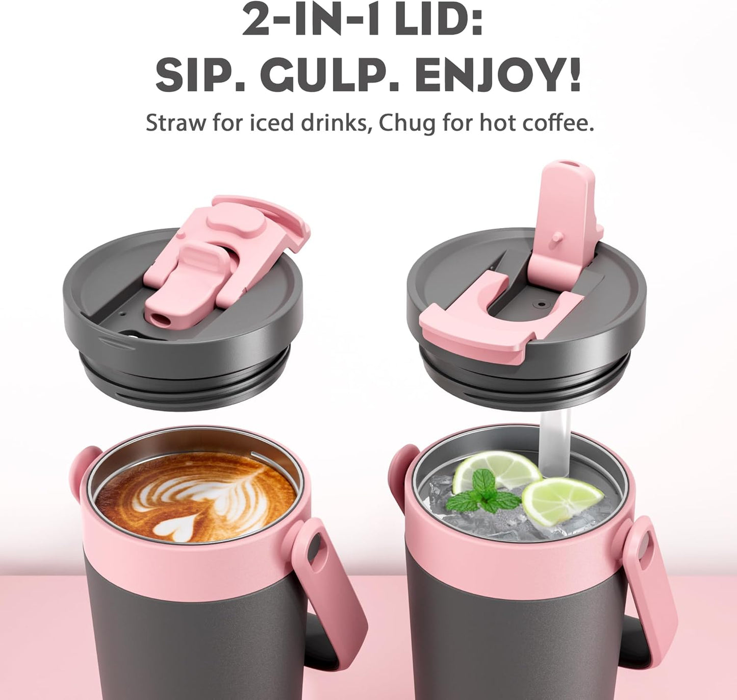 16 oz Insulated Coffee Mug for Outdoor: 2-in-1 Straw Flip Lid, Keep Cold 24H, Fit in Car Cupholder, Leakproof, Stainless Steel Coffee Tumbler with Handle for Work, Sports, Gifts and Home (Rebellion)