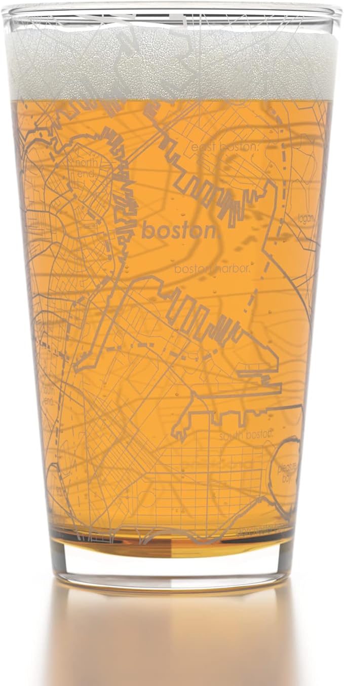Well Told Engraved Boston Massachusetts Map Pint Glass, Etched Beer Gift (16 oz, Clear) City Map Pint, Custom City Glassware, Gifts For Beer Lovers