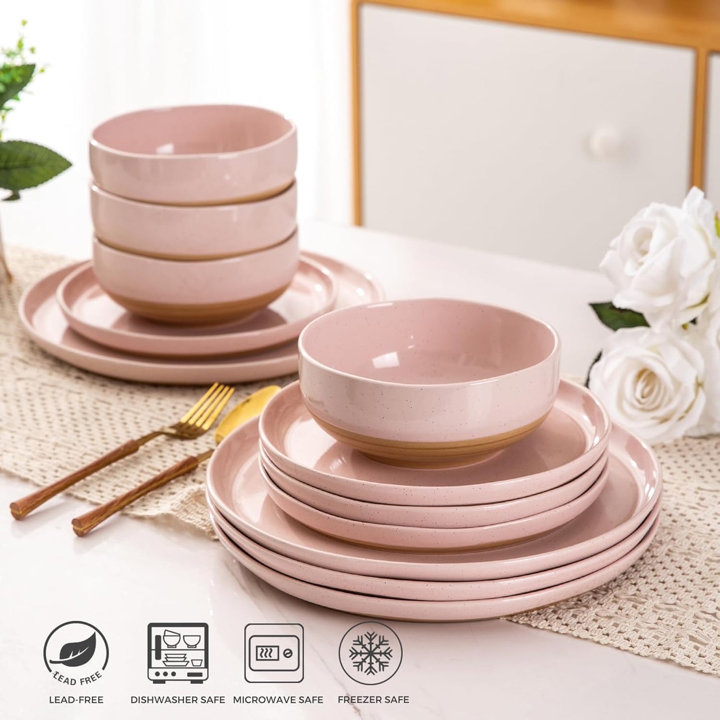 AmorArc Ceramic Dinnerware Sets for 4, 12 Pieces Handpainted Plates and Bowls Set with Rustic Terracotta Underside, Scratch Resistant Stoneware Dishes Set, Dishwasher & Microwave Safe, Cloud Pink