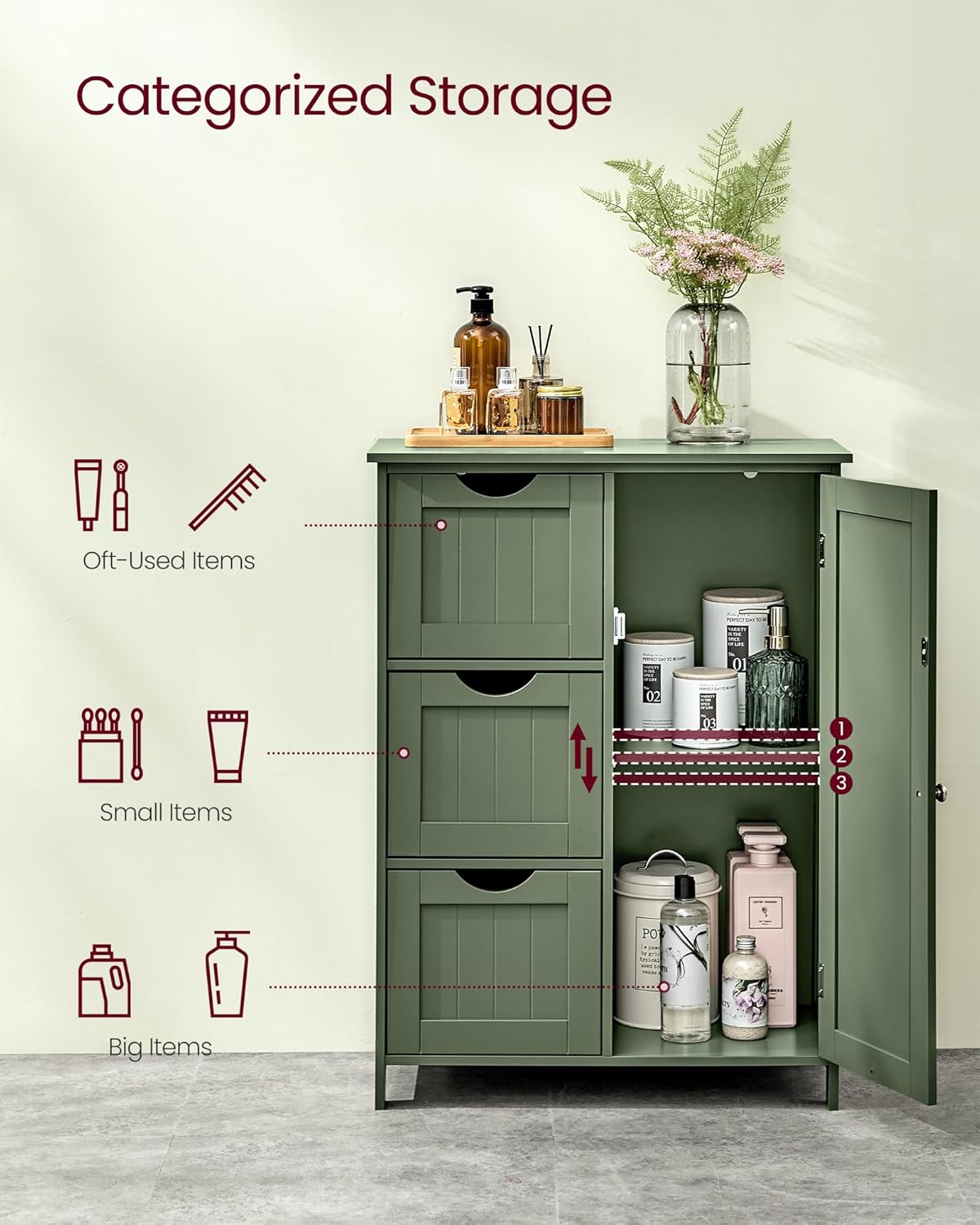 VASAGLE Floor Storage Cabinet, Freestanding Storage Unit with 3 Drawers, 1 Adjustable Shelf, for Bathroom Living Room Dining Kitchen, 11.8 x 23.6 x 31.5 Inches, Forest Green UBBC049C01