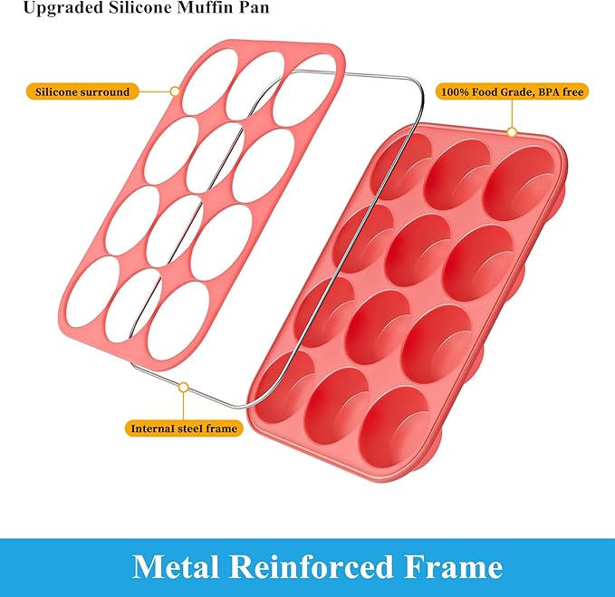 Bangp 12-Cup Silicone Muffin Pan with Metal Reinforced Frame,2 Pack Regular Size Cupcake Pan,Premium Non-Stick Bend Resistance Silicone Molds for Making Muffin,Cakes,Tart,Egg Bites (Red & Blue)