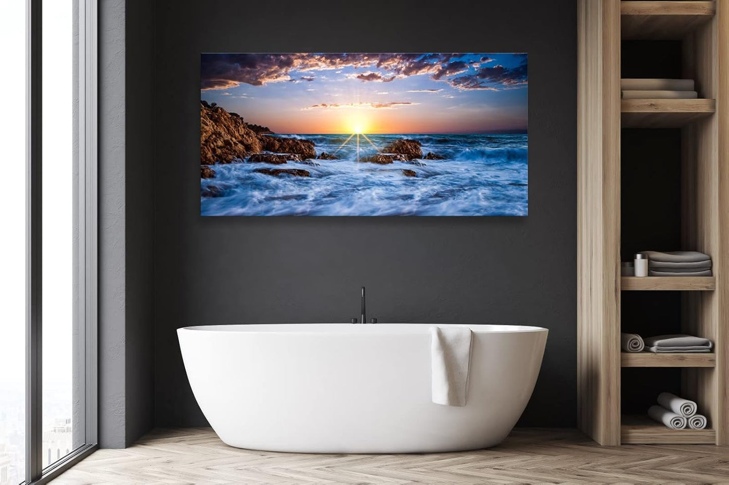 Muolunna BK05862 Wall Art Decor Canvas Print Picture Sunset Blue Ocean 1 Panel Sea Waves Scenery Painting Artwork for Office Wall Decor Home Decoration Stretched and Framed Ready to Hang 24x48inch