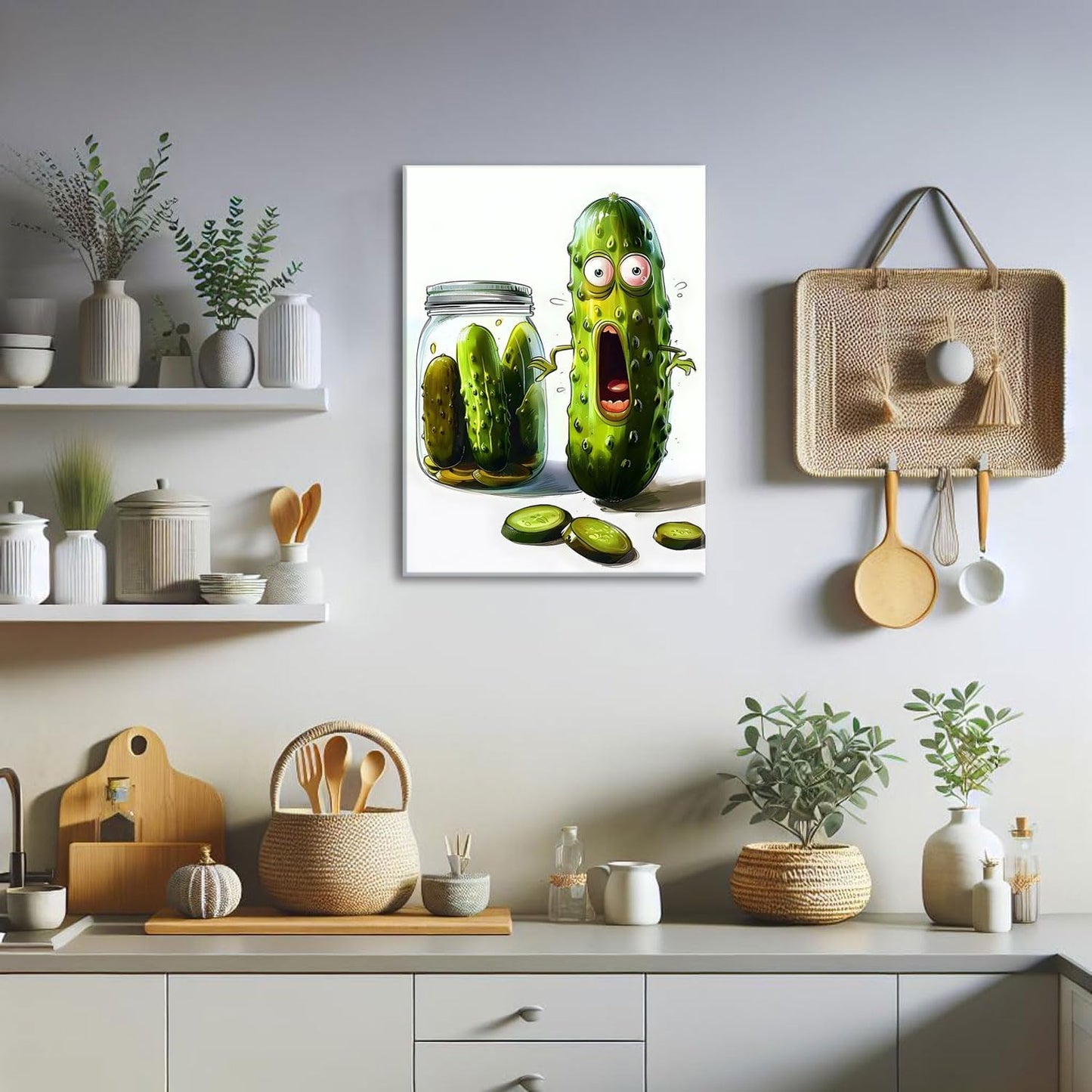 OIQArtOIQ Funny Kitchen Wall Art, Weird Kitchen Wall Decor, Vegetable Paintings Cool Postsers, Food Art, Eclectic Decor Dining Room, Chef Canvas Wall Art Print Artwork, Pickle Pictures