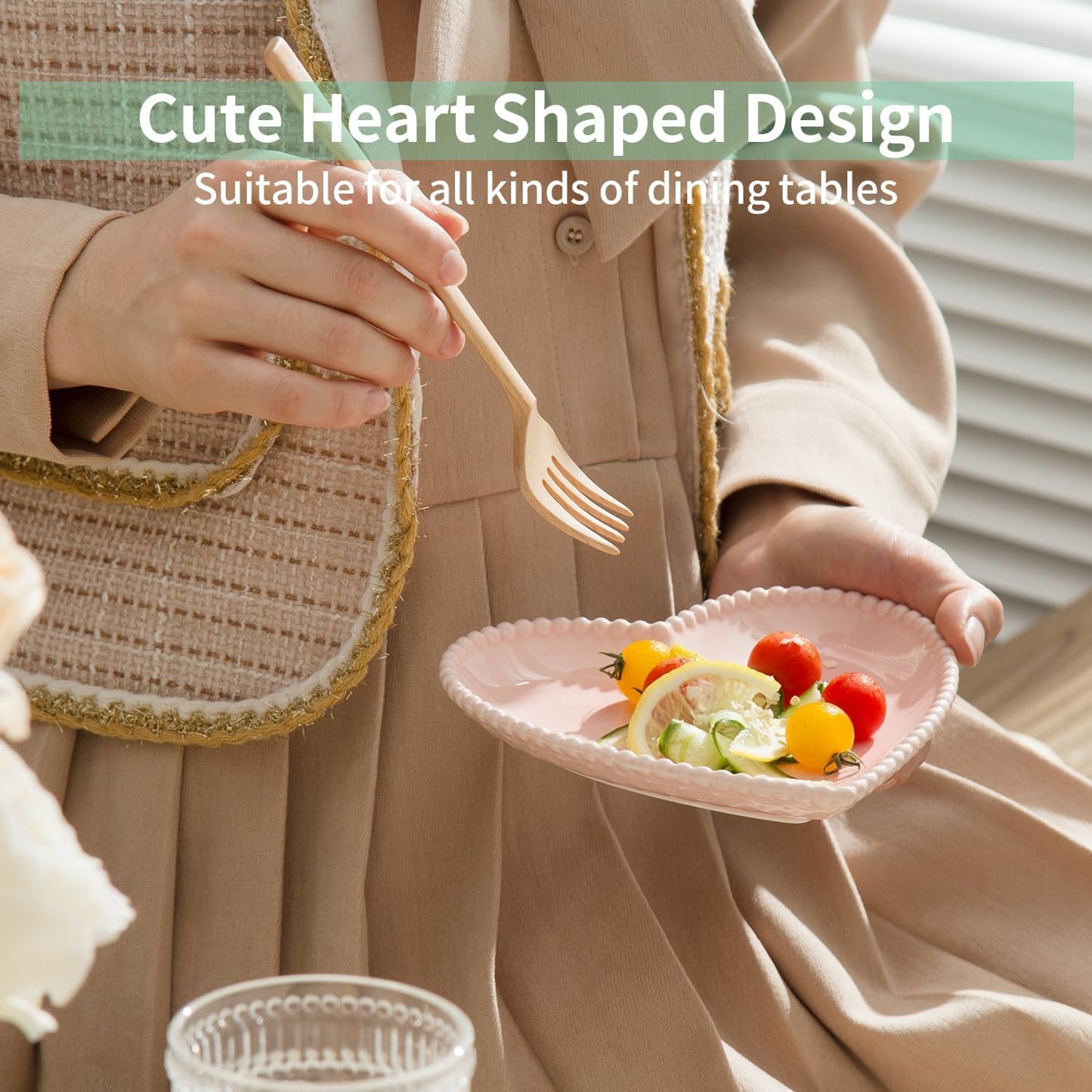 OMAYKEY 6.3 Inch Ceramic Dessert Plates, Small Salad Plates, Porcelain Heart Shaped Appetizer Plates, Dinner Plates for Cake, Snack, Ice Cream, Microwave, Oven, Dishwasher Safe, Pink - Set of 10