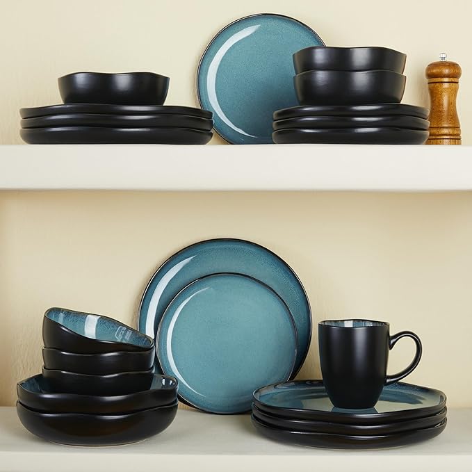 24 Piece Stoneware Dinnerware Set for 8, Reactive Glaze Plates and Bowls Sets | Designed for Holiday Dinners, Thanksgiving, Party Hosting | Durable Irregular Coastal Design, Green Black