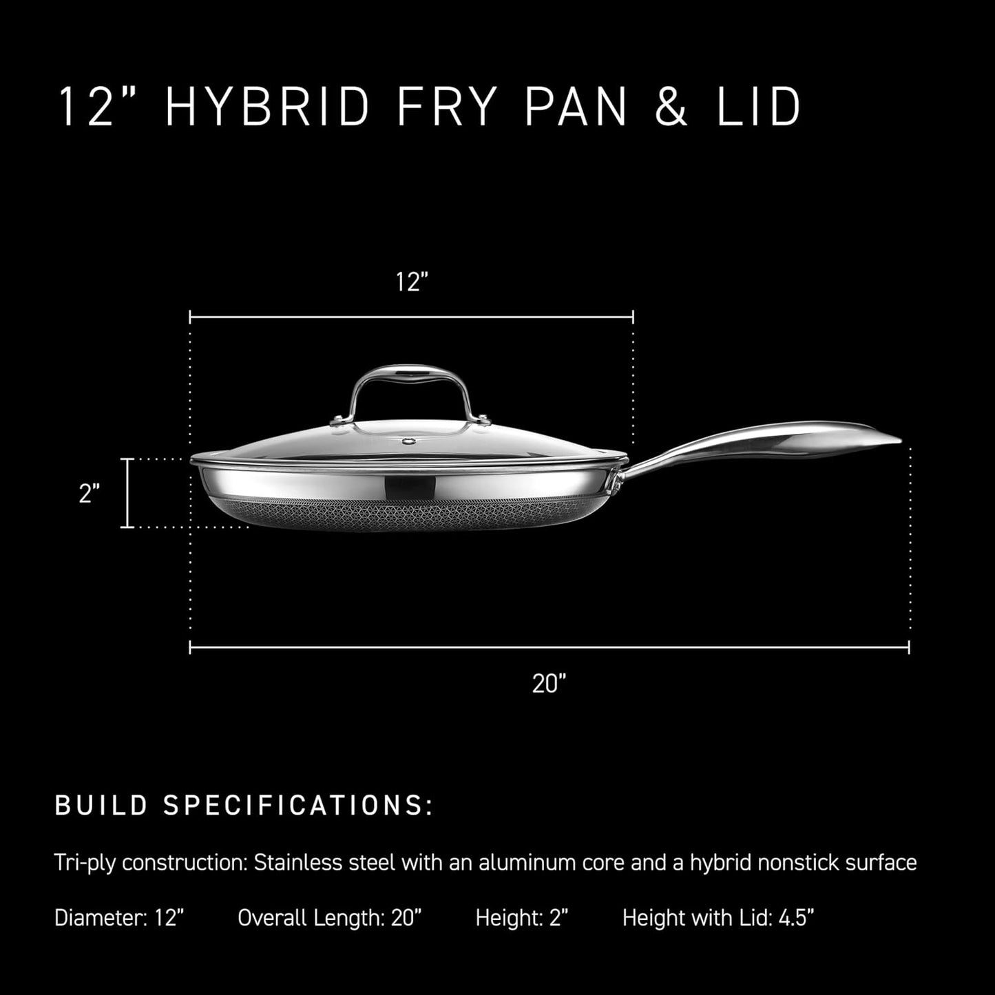 HexClad Hybrid Nonstick 12-Inch Frying Pan with Tempered Glass Lid, Stay-Cool Handle, Dishwasher-Friendly, Oven-Safe Up to 900°F, Induction Ready, Compatible with All Cooktops
