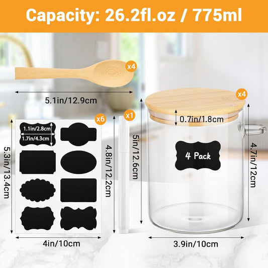Glass Jars with Bamboo Lids and Spoon - 4 Pack 26 Fl.oz Round Glass Storage Jars with Airtight Lid, Includes Labels and Marker, Sugar Container Set for Coffee Bar, Tea Canister for Cereal, Bean