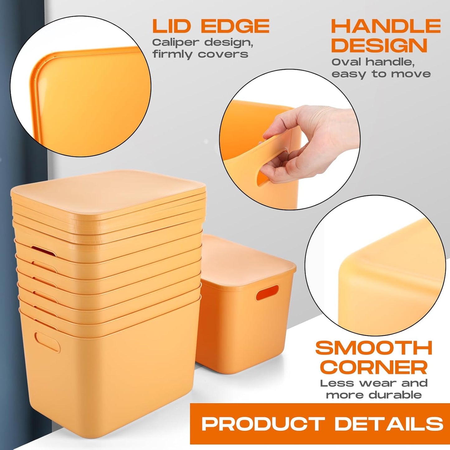 Hoolerry 8 Pieces Colorful Storage Bins with Lid, Plastic Storage Basket Organizing Container Stackable Box with Handle for Shelves Desktop Playroom Office(14.2 x 10.2 x 9.5 Inch,Yellow)