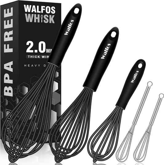 Silicone Whisks set with 7+5in mini stainless steel whisk, Non Scratch Coated 7+9+11in Whisks for Nonstick Cookware,Premium for Blending, Whisking, Beating, Frothing & Stirring