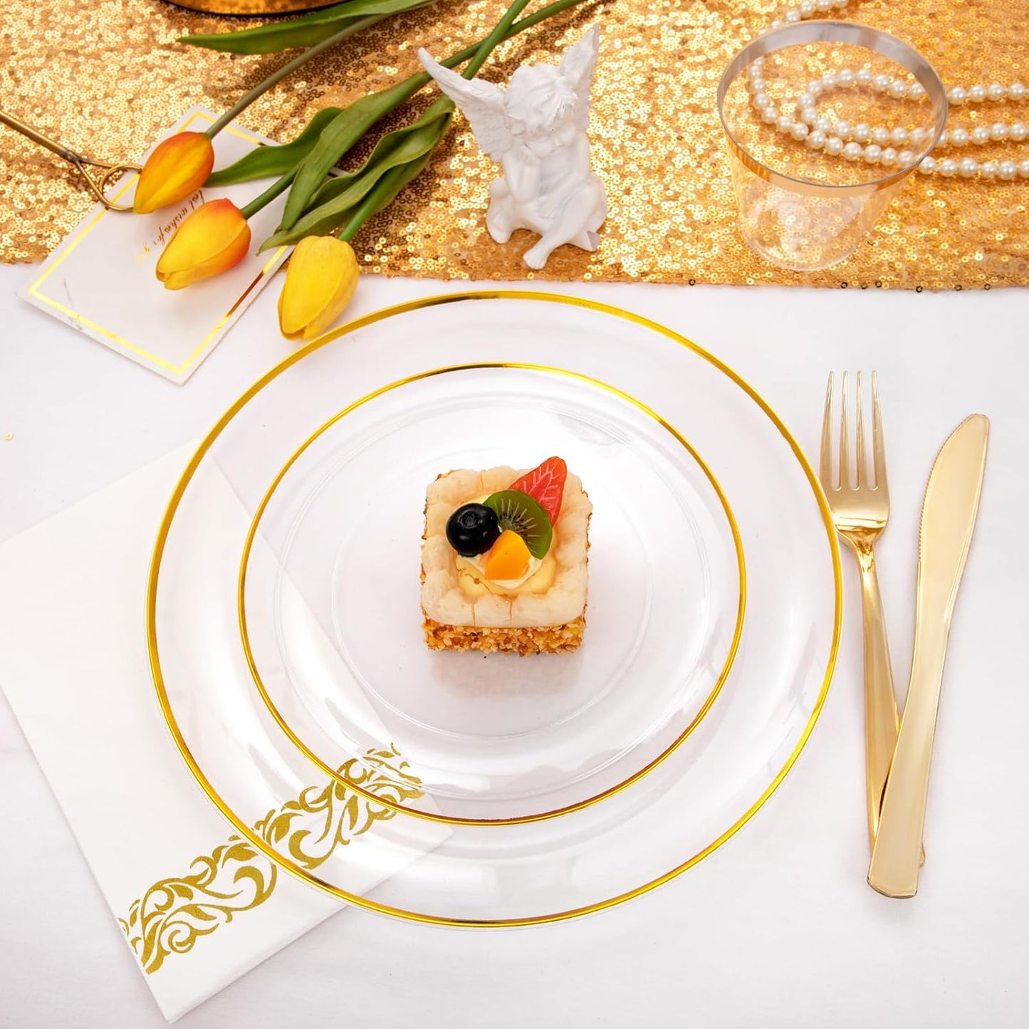 NOCCUR 350PCS Clear and Gold Plastic Plates - Gold Disposable Plastic Dinnerware Set for 50 Guests Include 100 Plastic Plates, 150 Gold Cutlery, 50 Cups&50 Napkins Idea for Wedding/Party/Thanksgiving