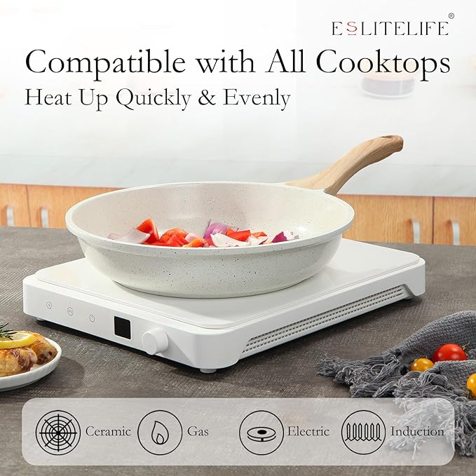 ESLITE LIFE Nonstick Ceramic Frying Pan Skillet with Lid, Non-Toxic Egg Omelette Kitchen Cooking Pans Compatible with All Stovetops (Gas, Electric & Induction), PTFE & PFOA Free (White, 9.5" w/Lid)