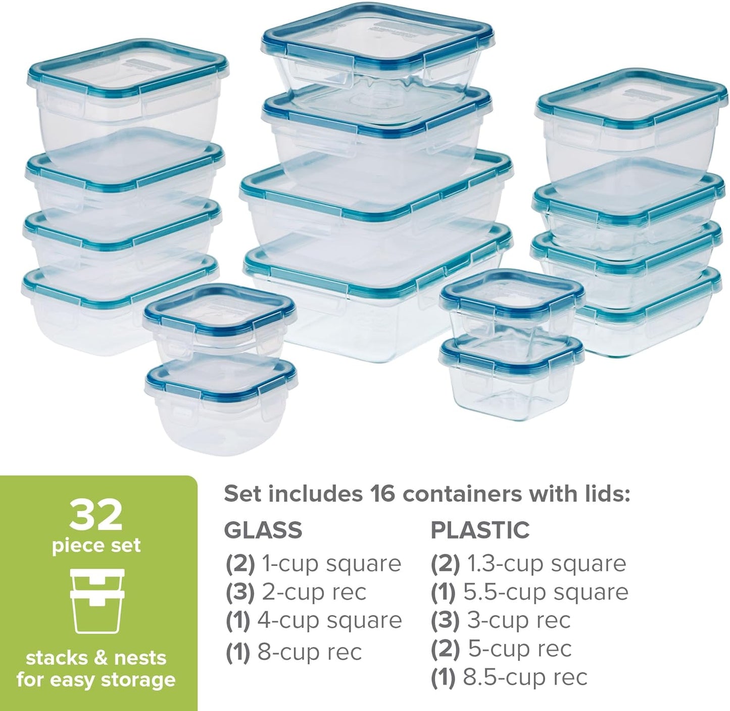 Snapware Total Solution (16-Pack) Glass & Plastic Mix Food Storage Containers Set, Meal Prep Containers with BPA-Free Lids & 4 Locking Tabs, Microwave, Dishwasher, and Freezer Safe