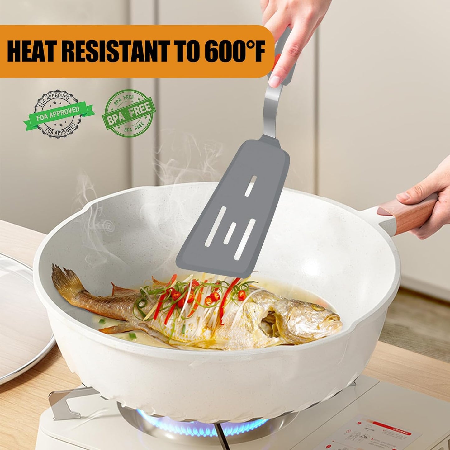 Beijiyi Silicone Spatula Turner Set of 3, 600°F Heat Resistant Nonstick Turner Spatulas for Kitchen Use, Large Flexible Silicone Cooking Utensils Rubber Spatula Set for Egg, Pancake, Fish (Gray)