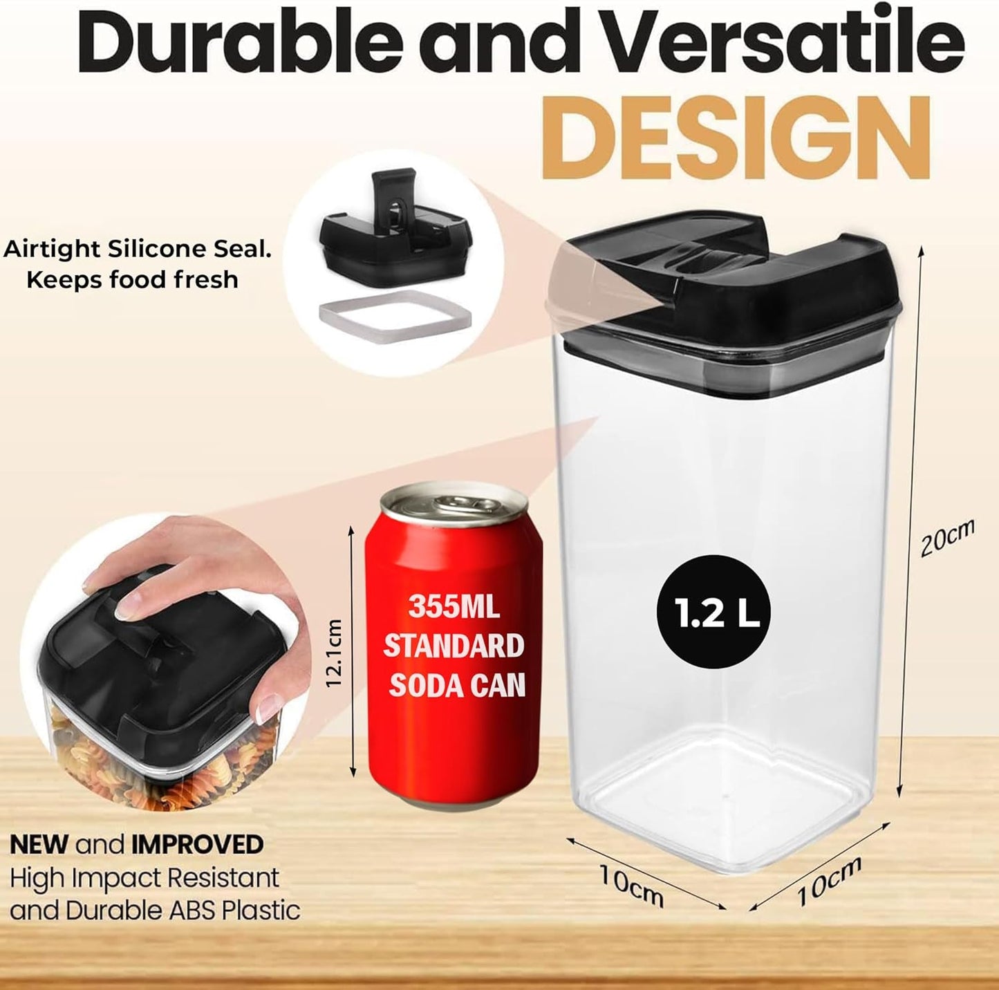 Shazo Airtight Food Storage Containers with Lids - 6 PC BPA Free Clear Plastic Cereal Containers with Easy Lock Lids for Kitchen and Pantry Organization for Snacks and Pasta - 1.2L