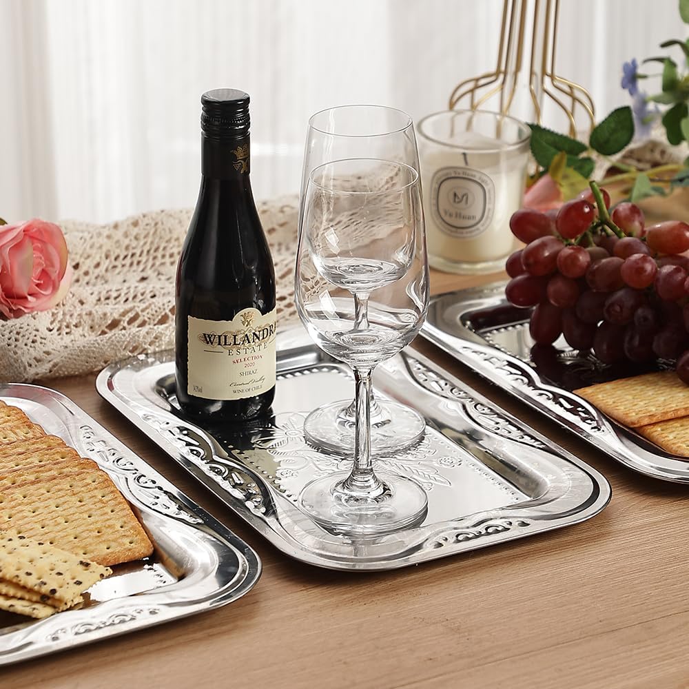 4-Pack Small Silver Serving Trays Set - ZENOVLUX Bow Floral Engraved Mirror Decorative Tray, 11.4" x 7" Party Platters for Whiskey, Cookies, Charcuterie, Snacks, Desserts, Fruit, Party Food Display