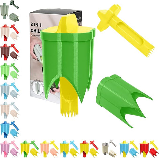 Pepper Corer, 2 in 1 Red Bell Pepper Seed Corer Remover Tool, Fruit & Vegetable Corers Quick Cave Tools for Jalapeno Cutter Deseeder, Yellow Green