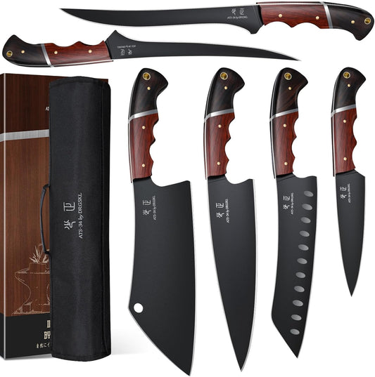 Kitchen Knife Set with Bag - 6 PCS Chef Knife Set - Cleaver, Boning, Fillet, Santoku, Kitchent Utility Knife, Chef Knife with Full Tang Wooden Handle, Butcher Knife Set for Men, Ideal Gift
