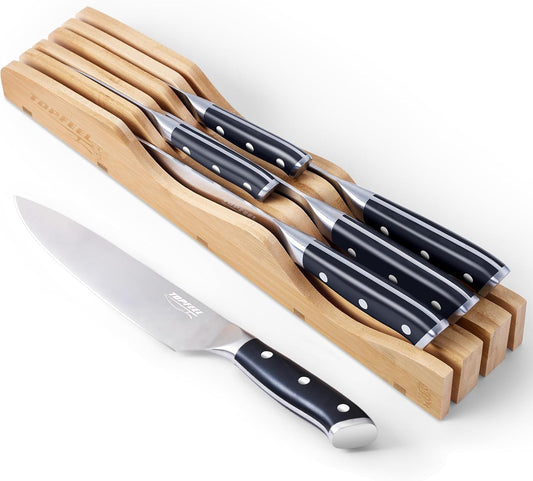 6Pcs Kitchen Knife Set with In-Drawer Bamboo Knife Organizer- 3.5-8 Inch Set Kitchen Knives German High Carbon Stainless Steel Sharp Knife, Knives Set for Kitchen with Ergonomic Handle