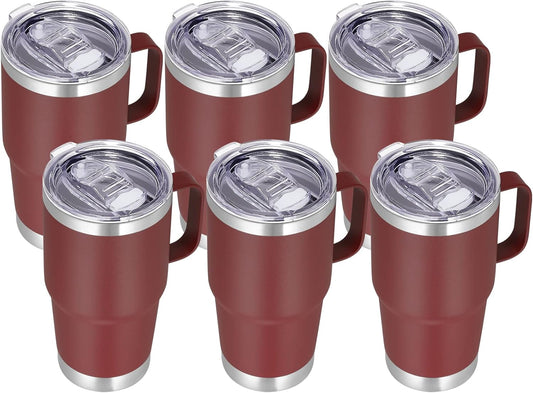 VEGOND 20 oz Tumbler Bulk with Handle Lid and Straw, Stainless Steel Insulated Travel Coffee Mug Set, Spill Proof Double Wall Metal Tumblers Cups, Wine Red 6 Pack