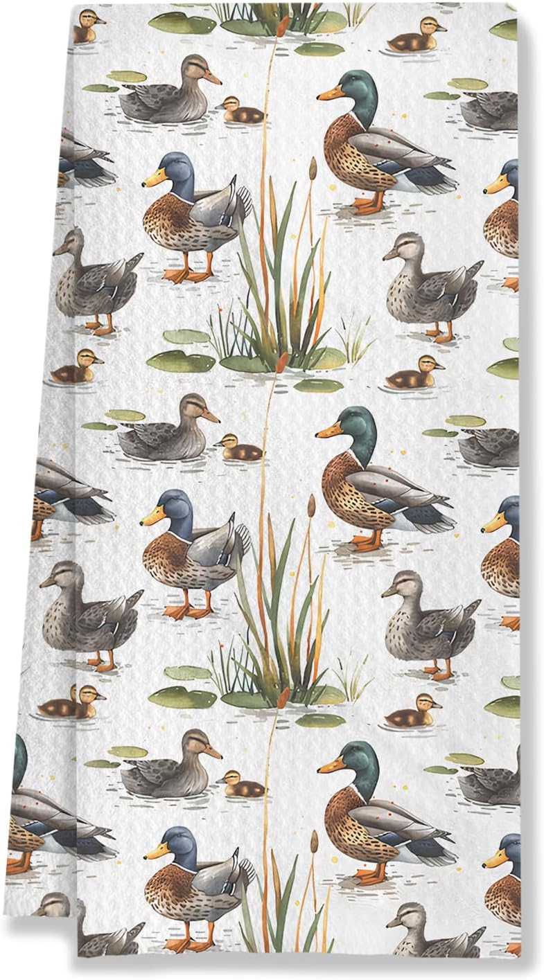 Rustic Botanical Mallard Duck Kitchen Towels, Duck Lover Gifts Decorative Hand Towels for Bathroom, Farm Animal Decor Dish Tea Towels for Kitchen Decor, 16x24 Inches