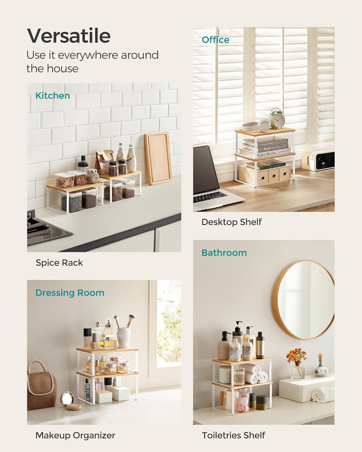 SONGMICS Cabinet Organizer Shelf, Set of 4 Kitchen Counter Shelves, Kitchen Storage, Spice Rack, Stackable, Expandable, Metal and Engineered Wood, Cloud White and Natural Beige UKCS010N01