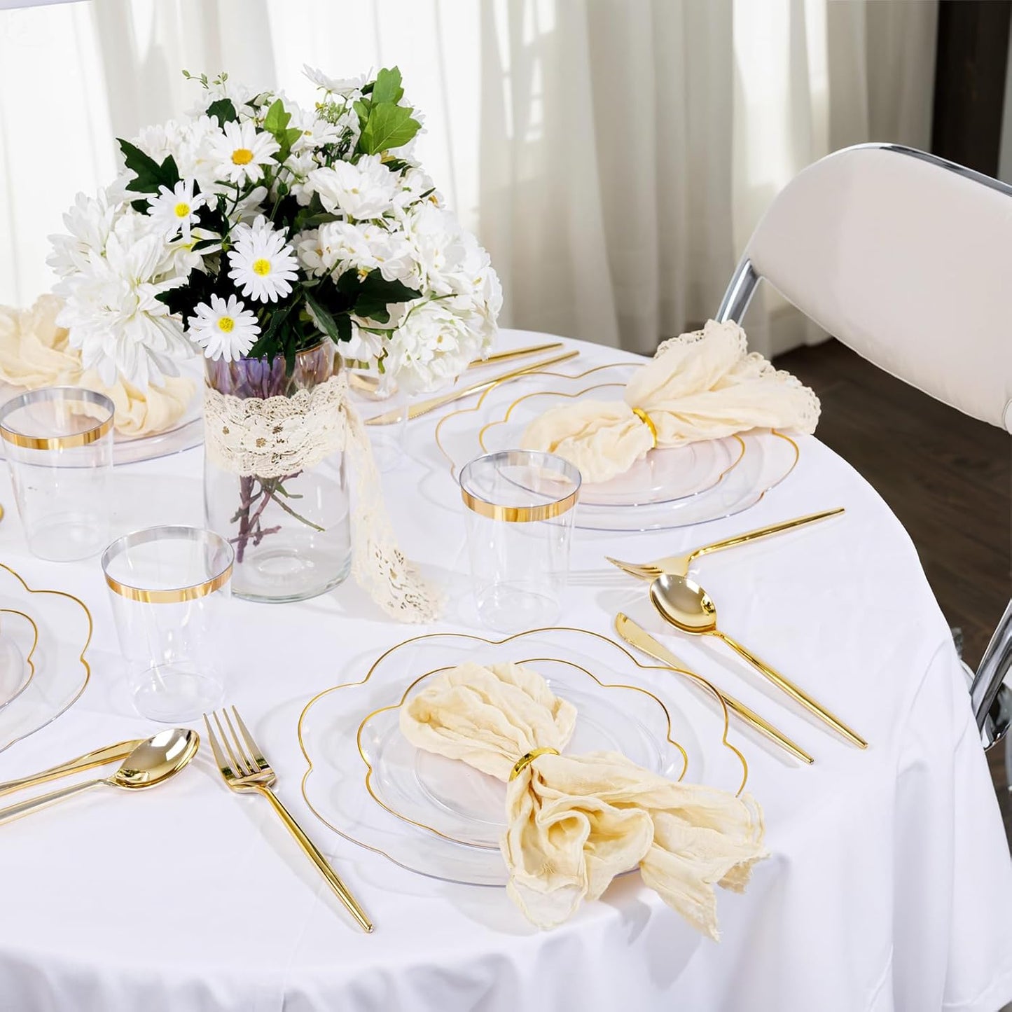 EI 180pcs Clear and Gold Plastic Plates with Gold Plastic Silverware, Plate for Party,Disposable Dinnerware Set,Disposable Plates Heavy Duty Clear Golden Cups for Wedding,Birthday