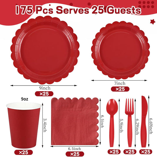 175 Pcs Red Plates and Napkins, 25 Guest Red Party Supplies Include Christmas Plates and Napkins Cups Plastic Spoons Forks Knives for Birthday, Christmas, Picnic
