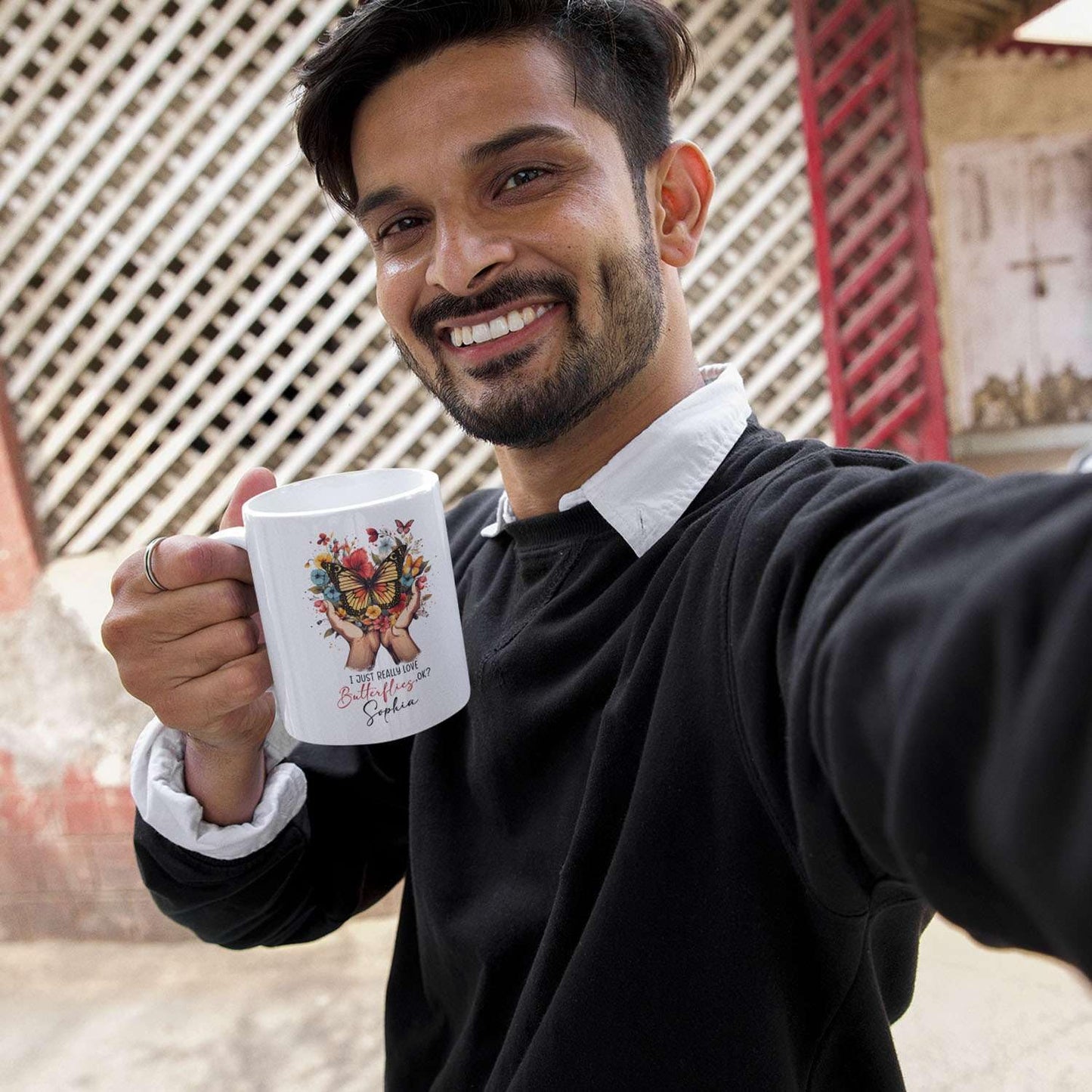 Fantastic Customized I Just Really Love Butterflies Coffee Mugs, Custom Butterfly With Hands Travel Cup Present 11oz 15oz, Personalized Name On Animal Tea Cup Gift For Animal Lover