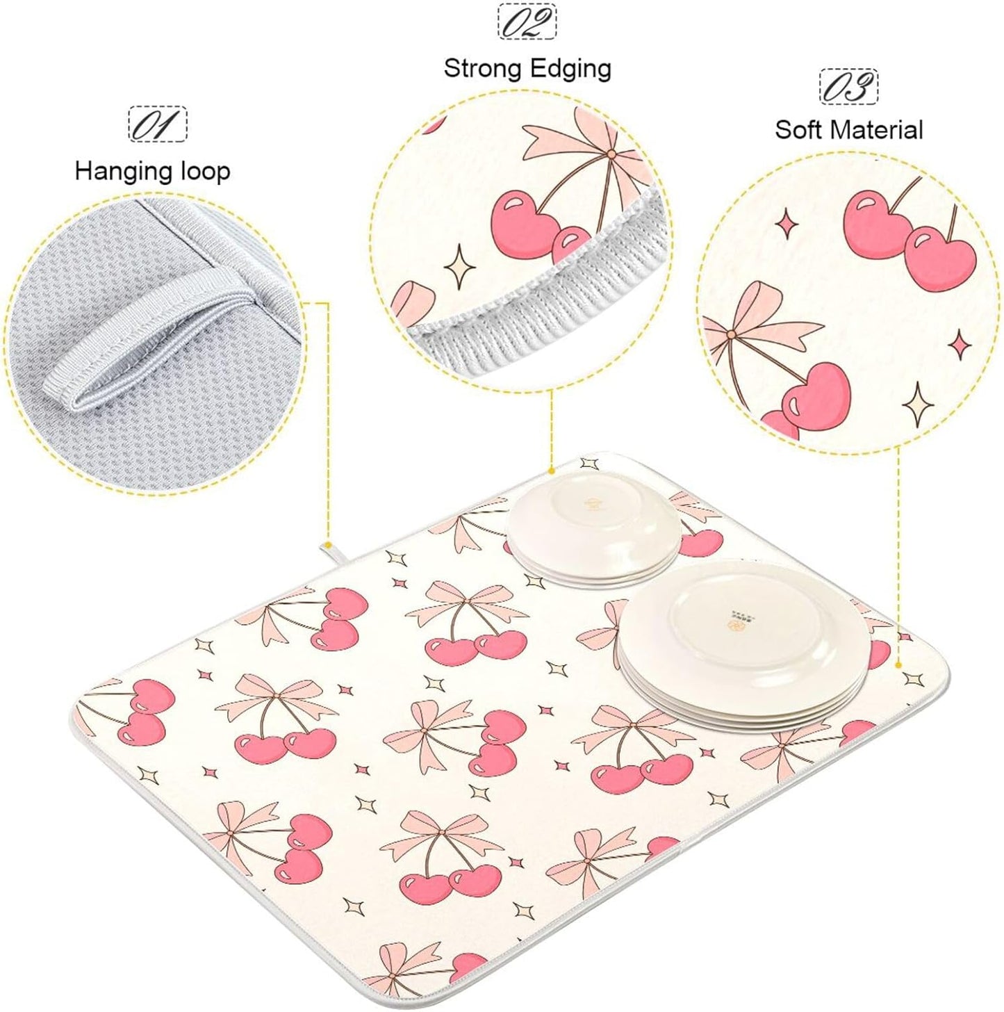 Cute Cherry Bow Dish Drying Mat for Kitchen Counter Absorbent Dish Drainer Mats Drying Pads 16"x18"